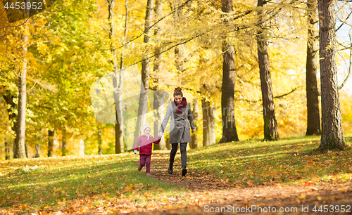 Image of happy mother and little daughter at autumn park