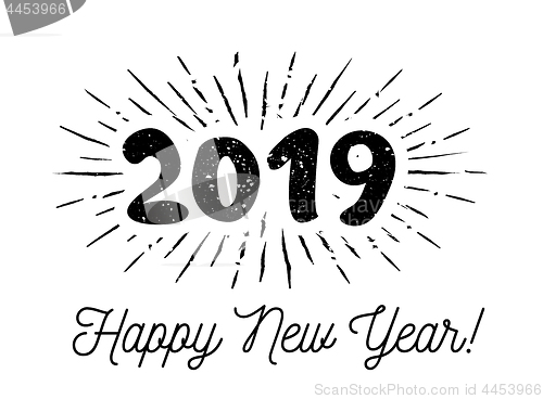 Image of Sunbursts 2019. Congratulation with Happy New Year. Vector illustration