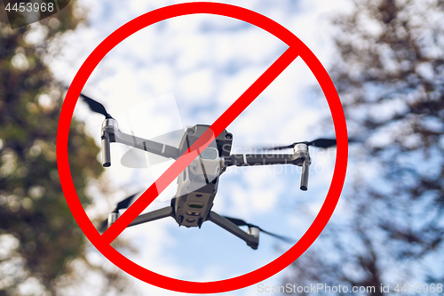 Image of Drone flying in the air, visible trees and blue sky above