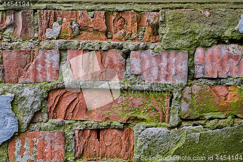 Image of Old red brick wall with moss