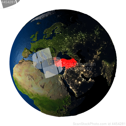 Image of Turkey in red on Earth isolated on white