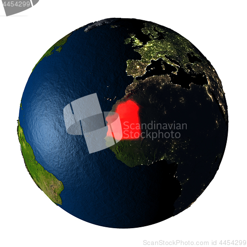 Image of Mauritania in red on Earth isolated on white