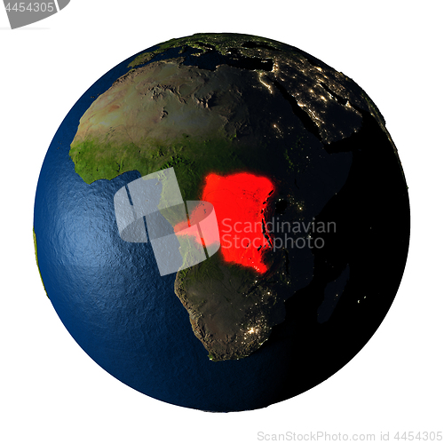 Image of Democratic Republic of Congo in red on Earth isolated on white