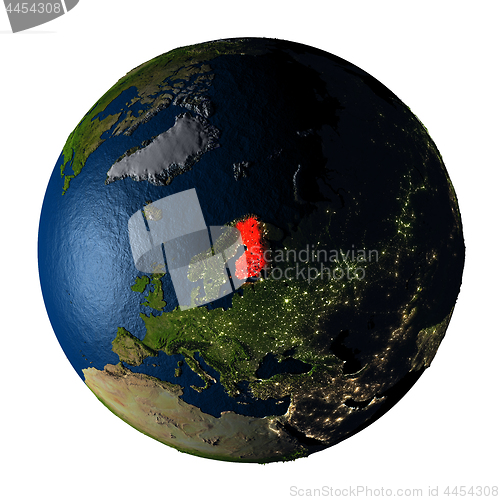 Image of Finland in red on Earth isolated on white