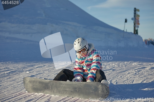 Image of Snowboarder sitting in the snlow