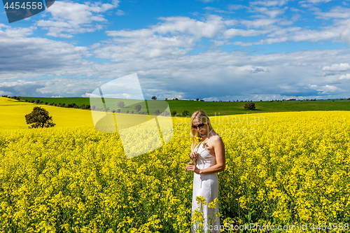 Image of Woman stands in field of canola rural Australia