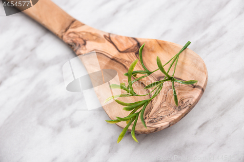 Image of Wooden spoon with fake artificial green herbs