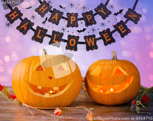 Image of close up of pumpkins on table