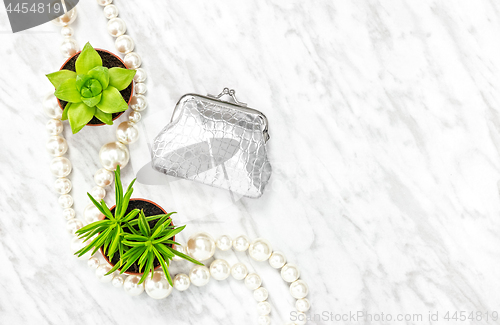 Image of Silver purse, succulent plants and pearl necklace