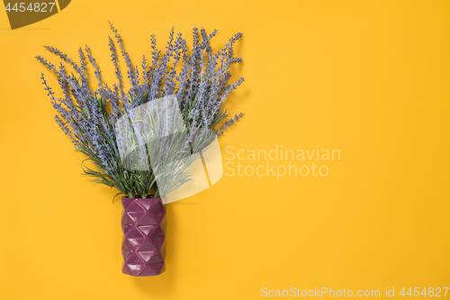 Image of Blue lavender in a vase on yellow background