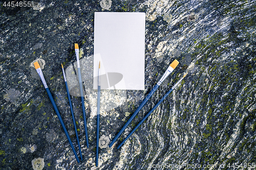 Image of Blank canvas and paintbrushes on mossy rock background