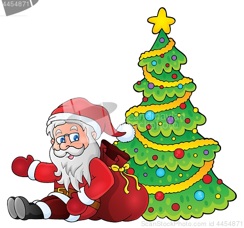 Image of Santa Claus by Christmas tree theme 1