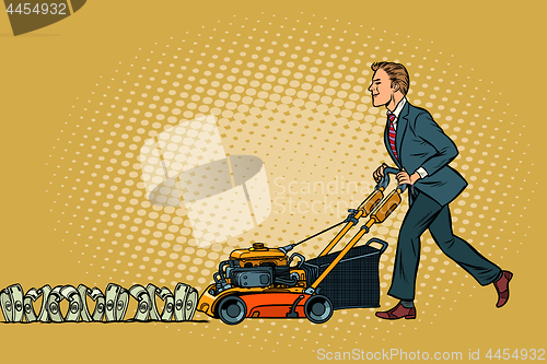 Image of Businessman cuts money like a lawnmower man. Wealth and financia