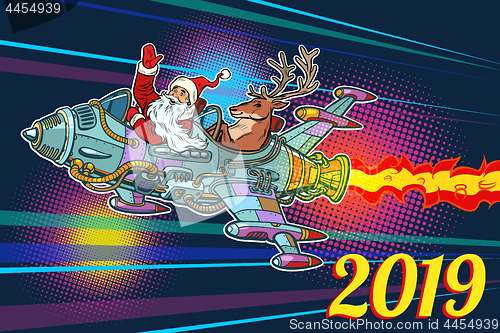 Image of 2019 new year. Retro Santa Claus with a deer flying on a rocket