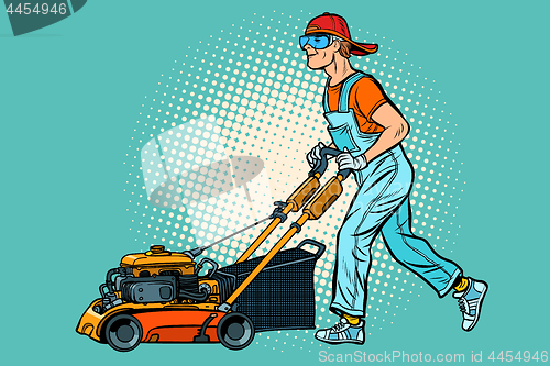 Image of lawn mower worker. Profession and service