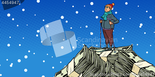 Image of skier middle-aged man, Money dollars mountaintop