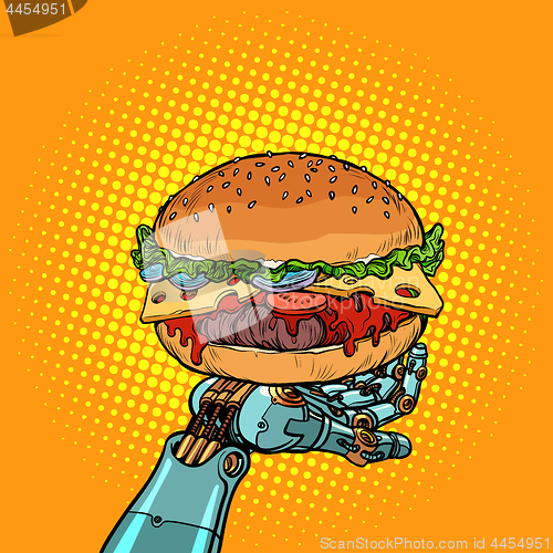 Image of Burger on a robot arm