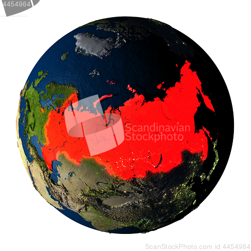 Image of Russia in red on Earth isolated on white