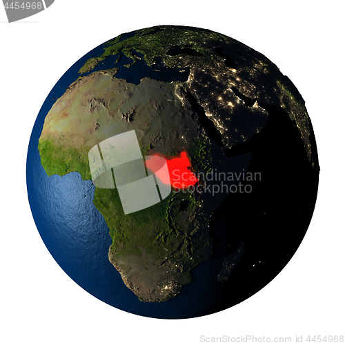 Image of South Sudan in red on Earth isolated on white