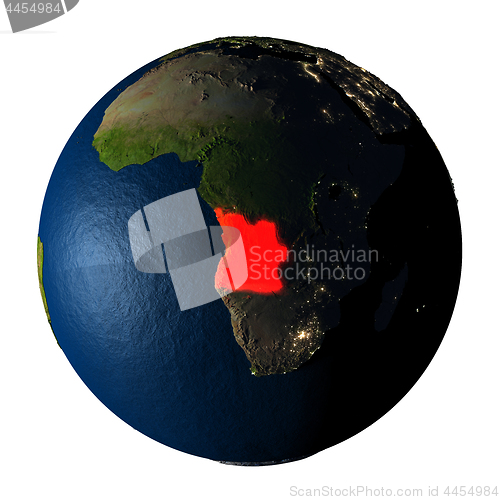 Image of Angola in red on Earth isolated on white