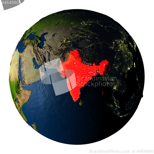 Image of India in red on Earth isolated on white