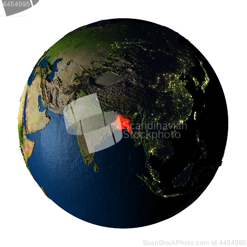 Image of Bangladesh in red on Earth isolated on white