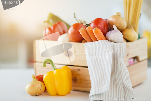 Image of close up of wooden box of fresh ripe vegetables