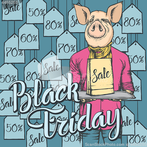 Image of Vector illustration of pig on Black Friday