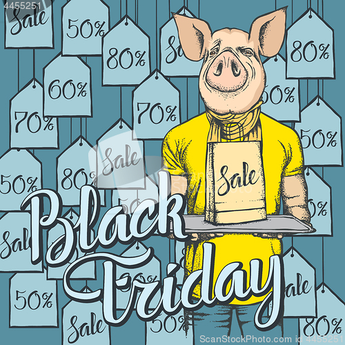 Image of Vector illustration of pig on Black Friday