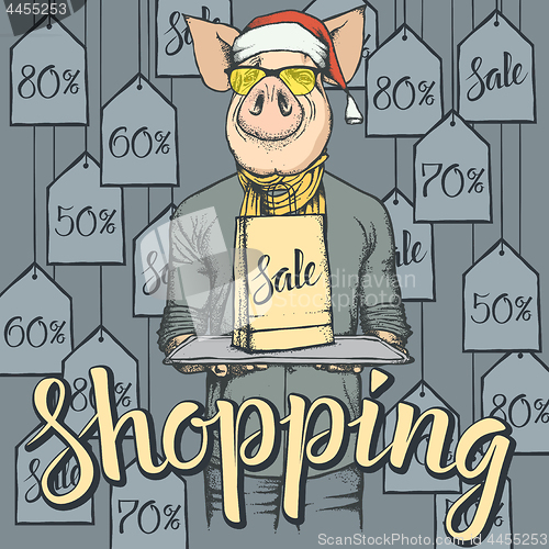 Image of Vector illustration of pig on Black Friday