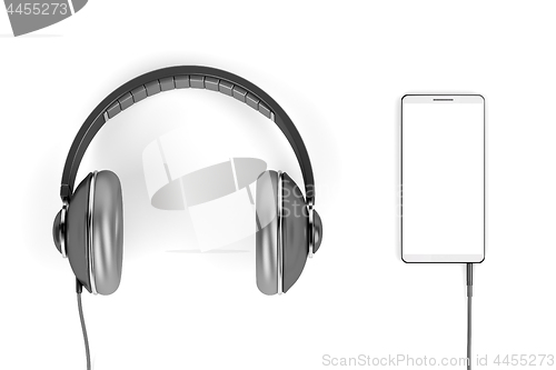 Image of Big headphones and smartphone on white background