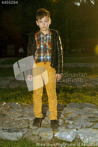 Image of Stylish boy standing in autumn park