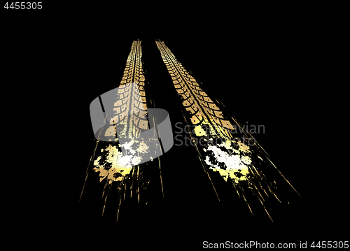 Image of Golden tire tracks on dark background. Vector illustration