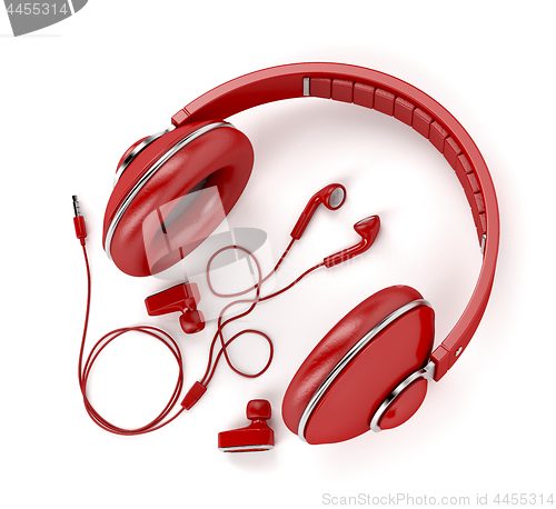 Image of Different types of earphones in red color