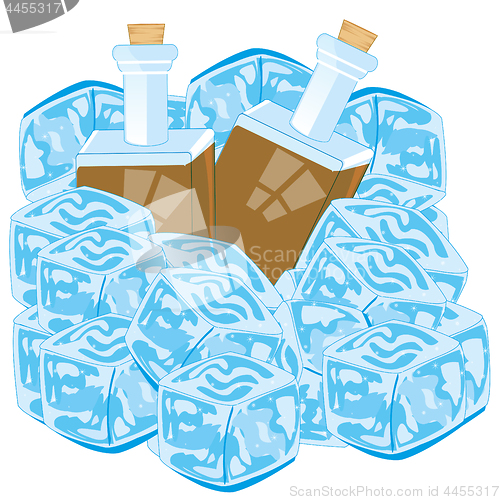 Image of Bottles with drink cover bit ice on white background