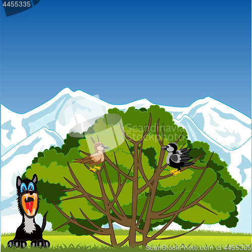 Image of Tree with bird and animals on glade