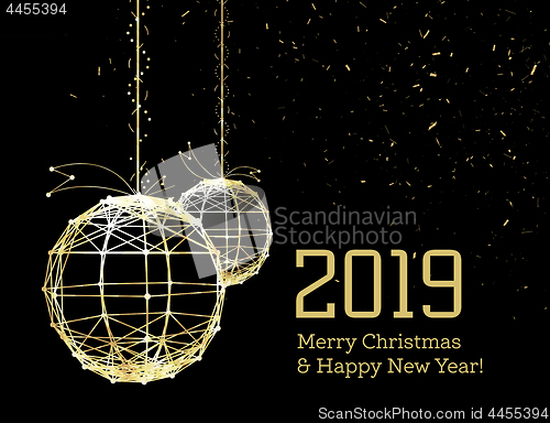 Image of New Year\'s Christmas balls, on luminous golden ribbons, in the style of art deco. Geometric golden spheres, in the form of points connected by lines with glitters. Gold on dark style. Vector