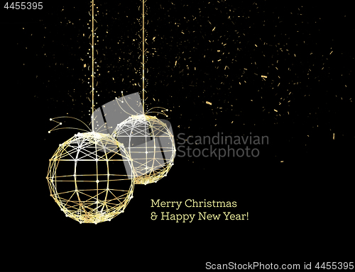 Image of New Year\'s Christmas balls, on luminous golden ribbons, in the style of art deco. Geometric golden spheres, in the form of points connected by lines with glitters. Gold on dark style. Vector