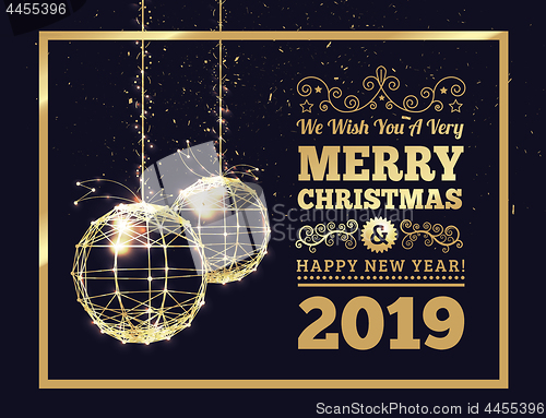 Image of New Year\'s Christmas balls, on luminous golden ribbons, in the s