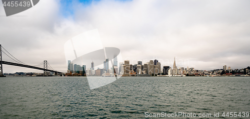 Image of Long Panoramic View San Francisco Bay Bridge City Skyline