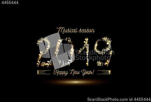 Image of Golden musical notes in the form of numbers year 2019. Vector gold on black style