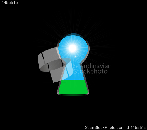 Image of Keyhole with light inside. Ecological concept, natural green grass and sky. Vector