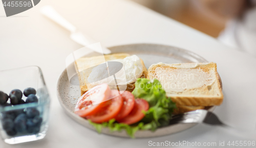 Image of toasts with poached egg and vegetables on plate