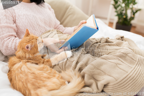 Image of red cat and female owner reading book at home