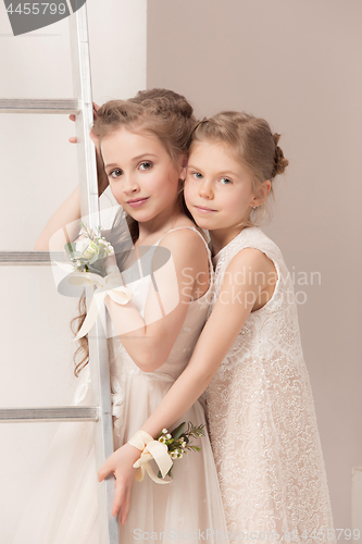 Image of Little pretty girls with flowers dressed in wedding dresses