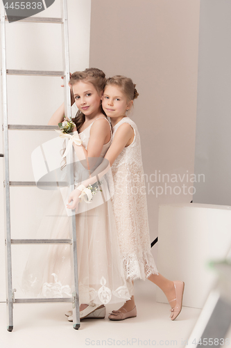 Image of Little pretty girls with flowers dressed in wedding dresses