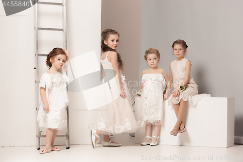 Image of Little pretty girls with flowers dressed in wedding dresses