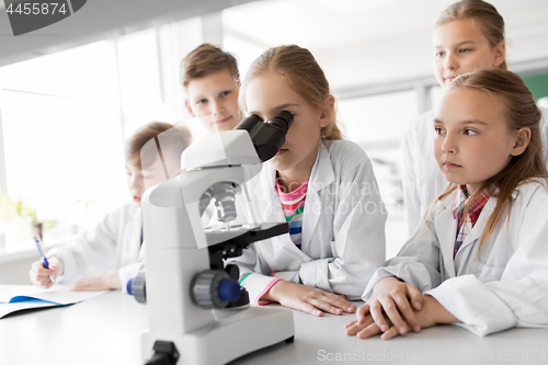 Image of kids or students with microscope biology at school