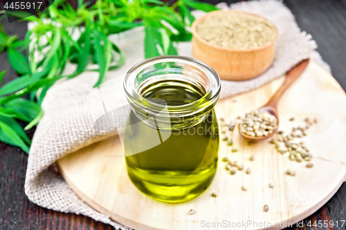 Image of Oil hemp in jar with burlap on dark board