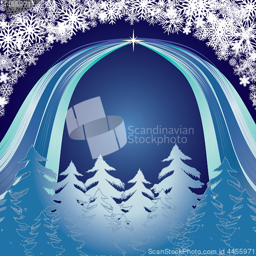 Image of Blue New Year background with snowy Forest and snowflakes